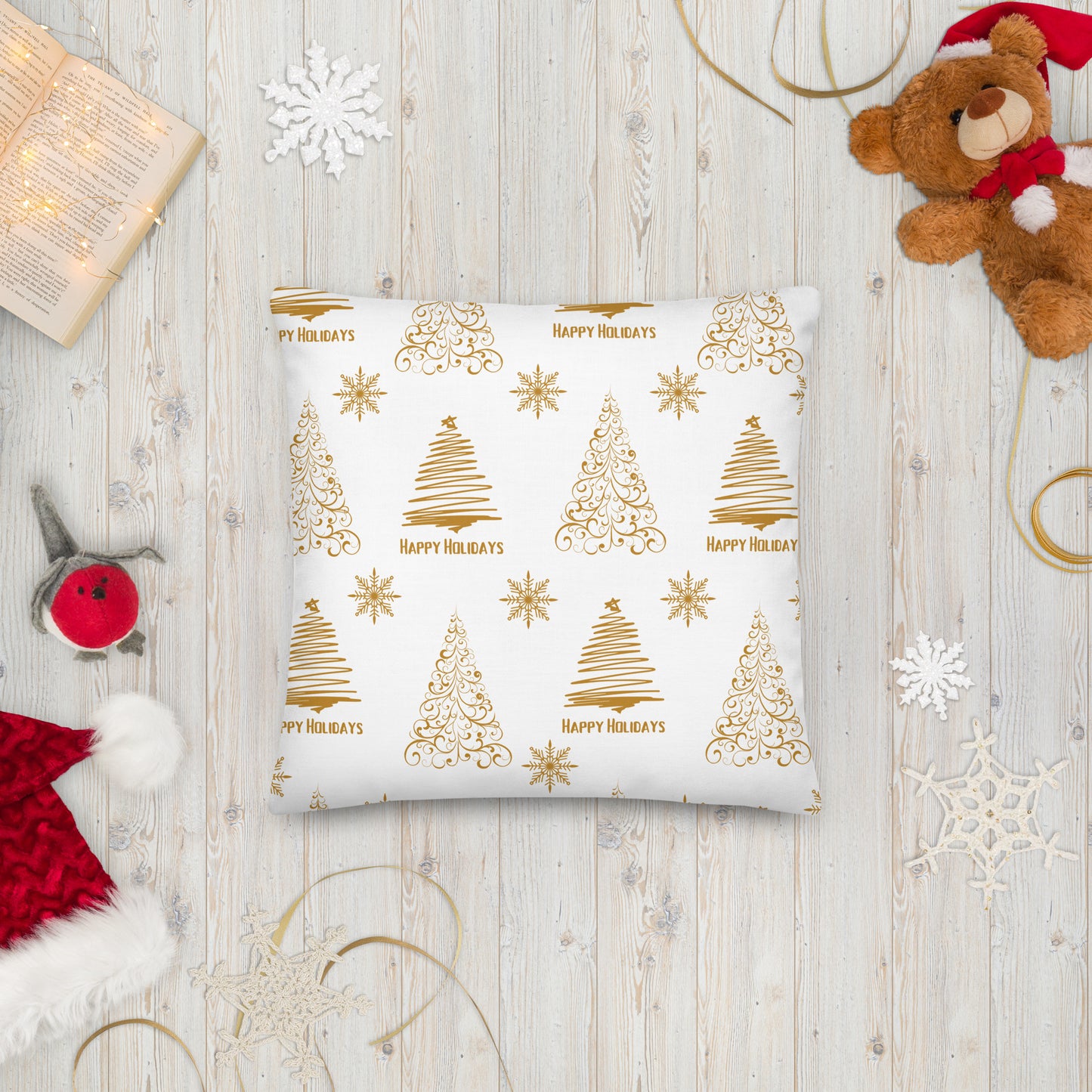 White Golden Christmas Tree Premium Pillow