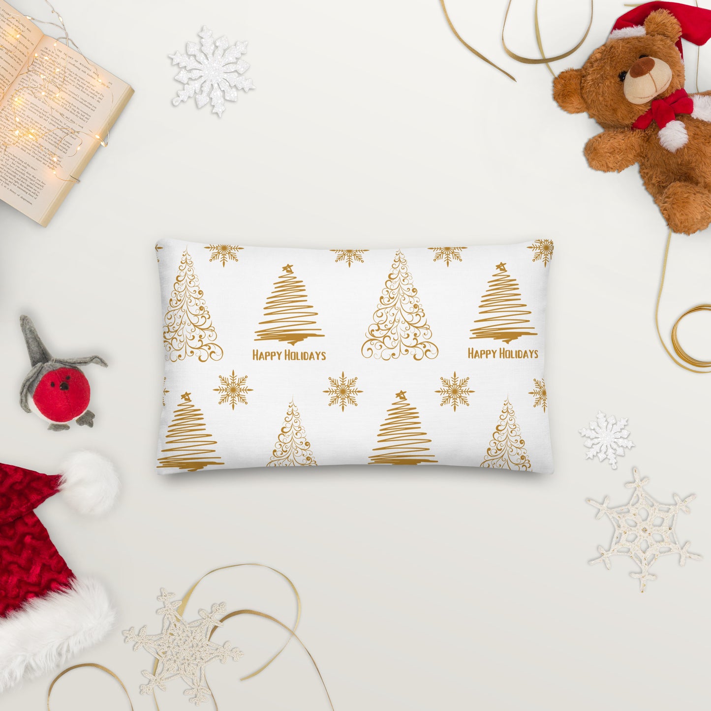 White Golden Christmas Tree Premium Pillow