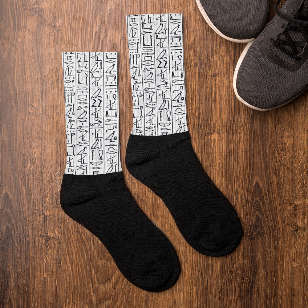 Egyptian Hieroglyphics (Black/white) Black foot socks