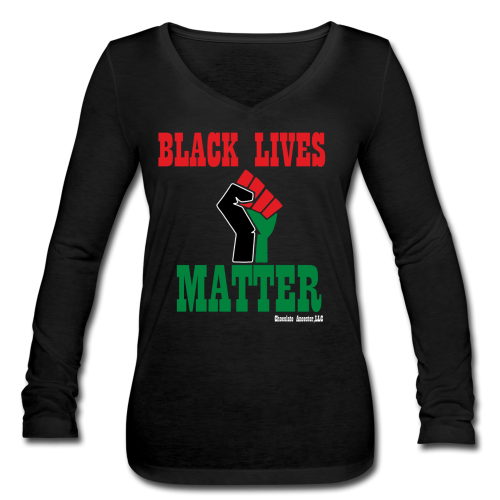 Black Lives Matter Pan African Women’s Long Sleeve V-Neck Flowy Tee - Chocolate Ancestor