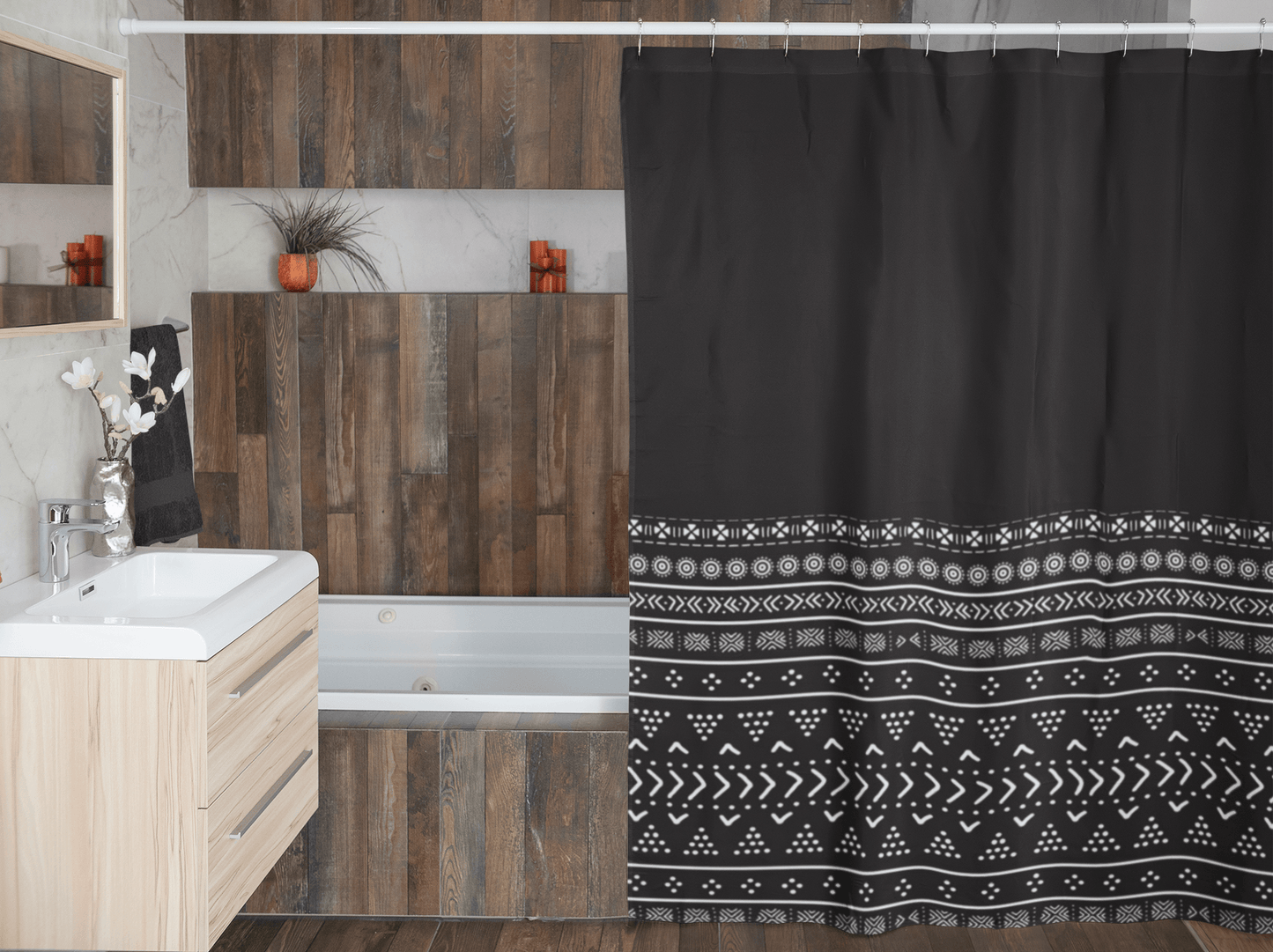 Carbon Black Mudcloth Boho Shower Curtains - Chocolate Ancestor