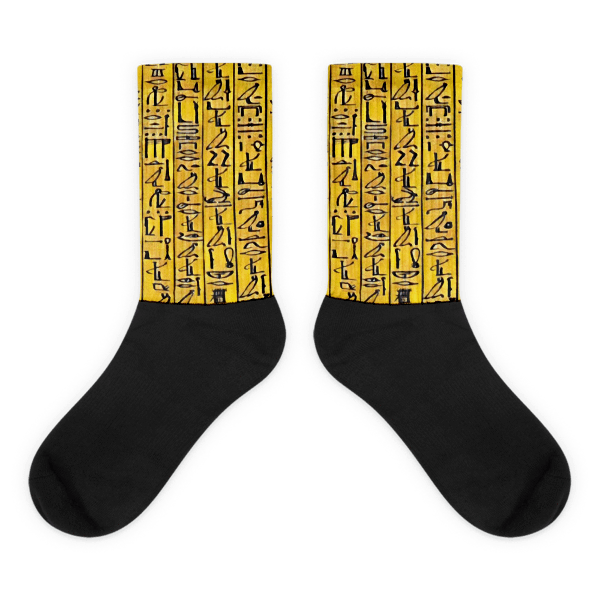 Egyptian Hieroglyphics (Gold/black) Black foot socks - Chocolate Ancestor