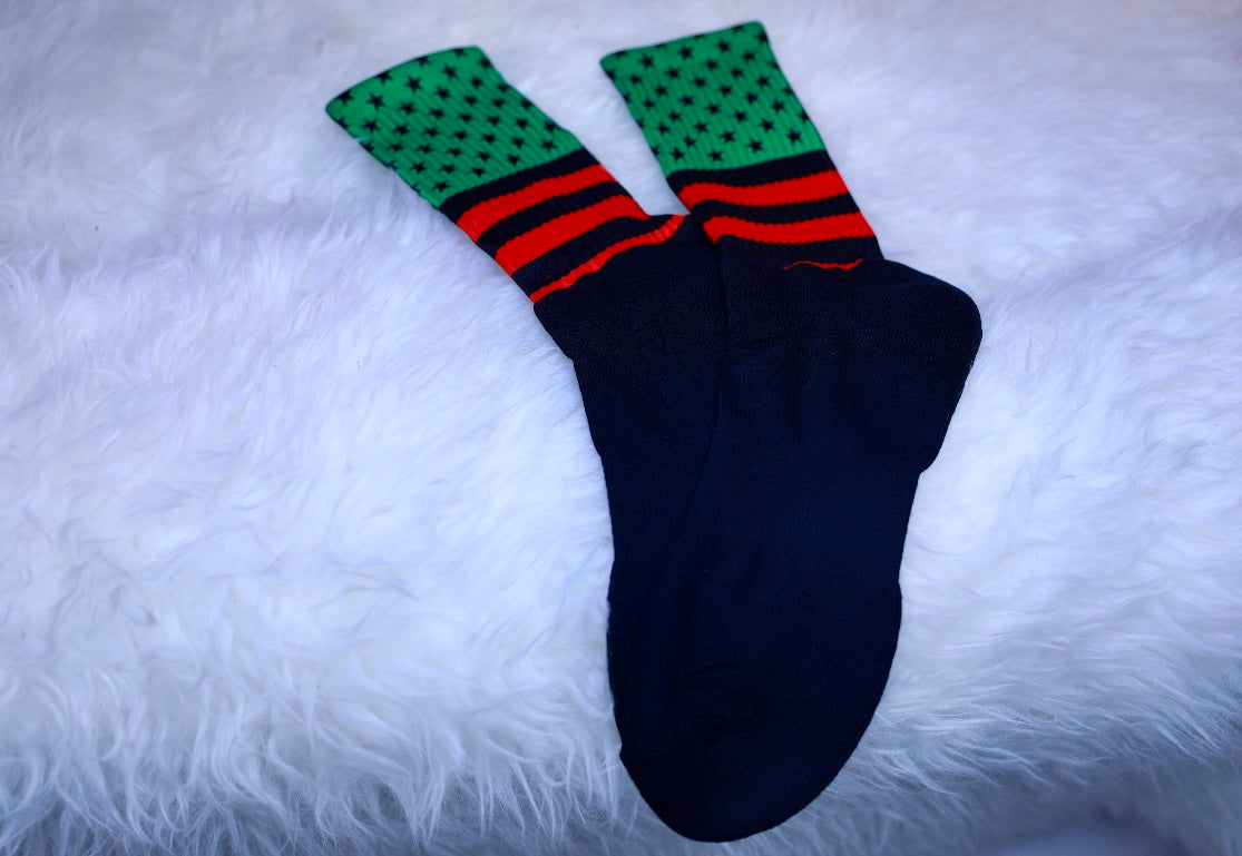 RBG Stars & Stripes Pan-African Flag Black foot socks- (Red, Black, Green)