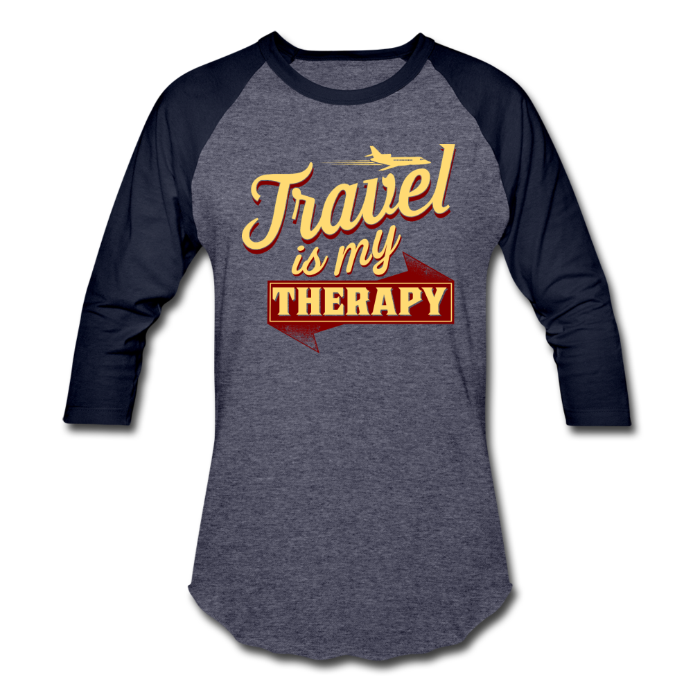 Travel is my Therapy Unisex Baseball T-Shirt - heather blue/navy